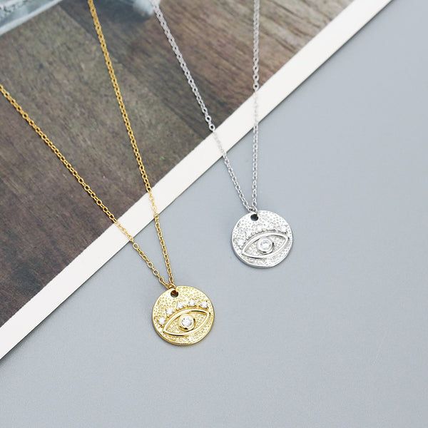 YHN074 925 Sterling Silver Bezel Set CZ Evil Eye Coin Pendant Necklace