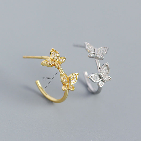 YHE0449 925 Sterling Silver Vintage Double Butterfly Open Half Hoop Earrings