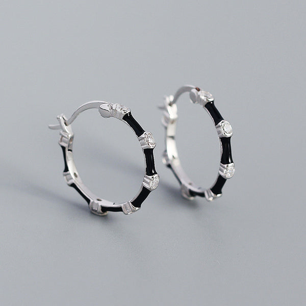 YHE0406 925 Sterling Silver Bamboo Black Enamel Hoop Earring