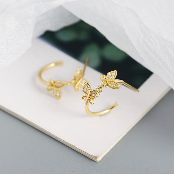 YHE0449 925 Sterling Silver Vintage Double Butterfly Open Half Hoop Earrings