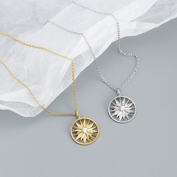 YHN072 925 Sterling Silver Trendy Starburst Cubic Zirconia Pendant Necklace