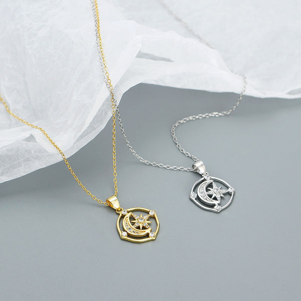 YHN079 925 Sterling Silver CZ Crescent Starburst Pendant Necklaces