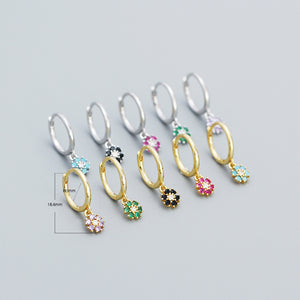 YHE0532 925 Sterling Silver Trendy Rainbow CZ Daisy Flower Drop Hoop Earrings