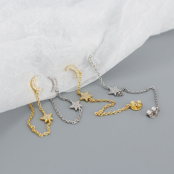 YHE0473 925 Strling Silver Crescent & Star CZ Long Chain Earring