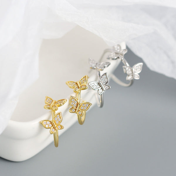 YHE0449 925 Sterling Silver Vintage Double Butterfly Open Half Hoop Earrings