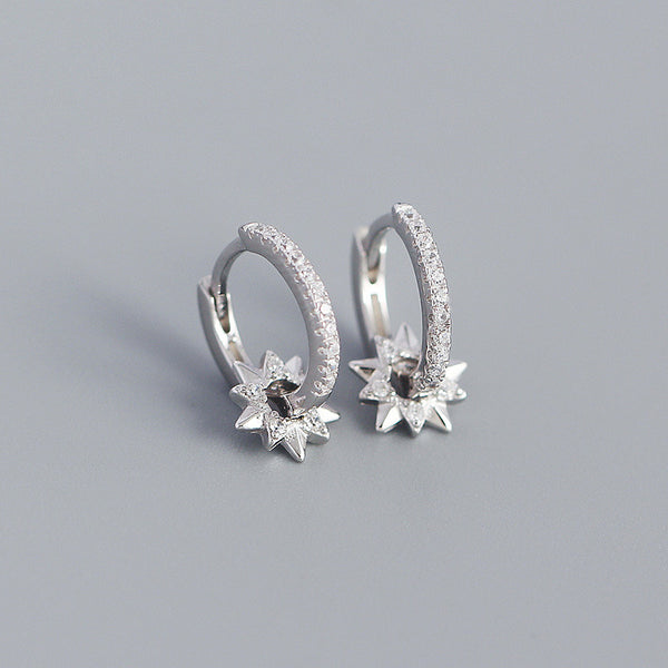 YHE0371 925 Sterling Silver Brigh Sun Hoop Earring With Cubic Zirconia