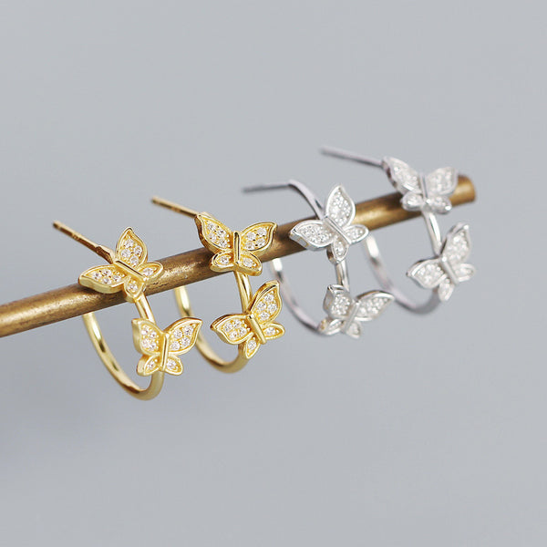 YHE0449 925 Sterling Silver Vintage Double Butterfly Open Half Hoop Earrings