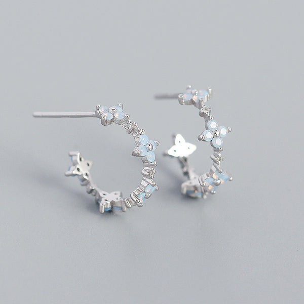 YHE0426 925 Sterling Silver White Gemstone Flower Hoop Earring