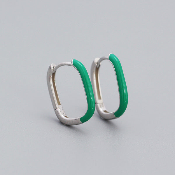 YHE0498 925 Sterling Silver Green Enamel Huggie Women Earring