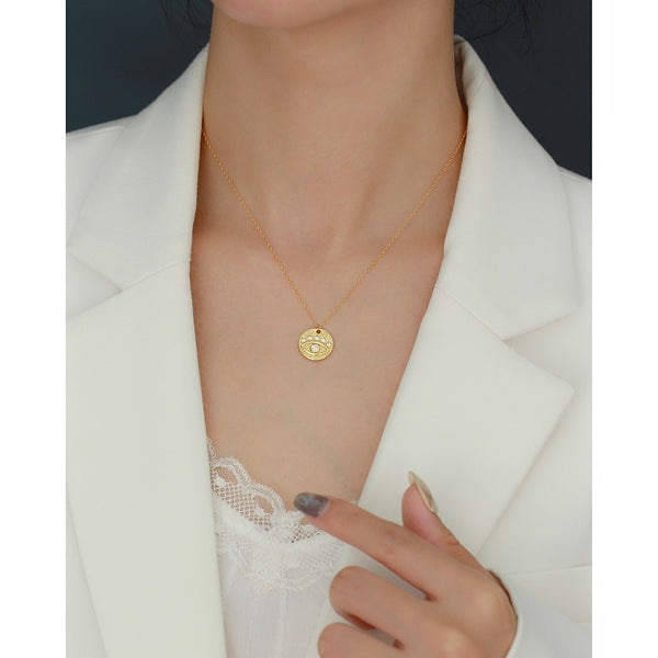 YHN074 925 Sterling Silver Bezel Set CZ Evil Eye Coin Pendant Necklace