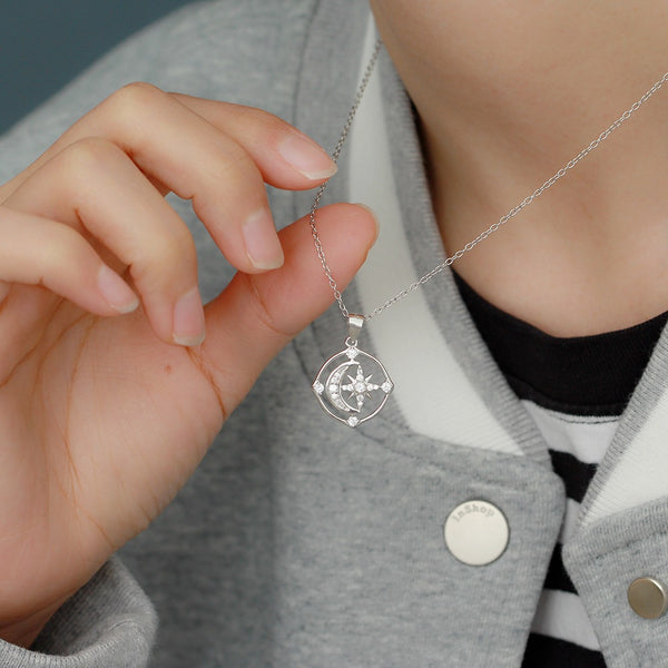 YHN079 925 Sterling Silver CZ Crescent Starburst Pendant Necklaces