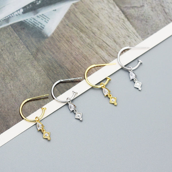 YHE0527 925 Sterling Silver Geometry Cubic Zirconia Drop Half Open Hoop Earring