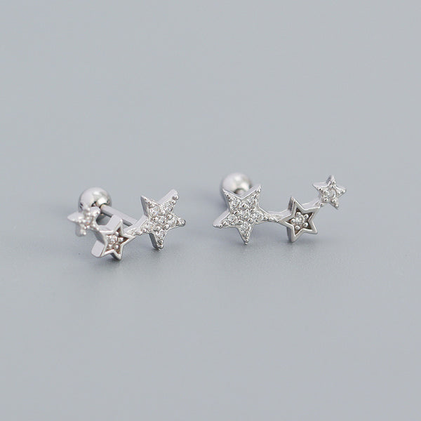 YHE0481 925 Sterling Silver Triple star trio Cubic Zirconia Stud Earring