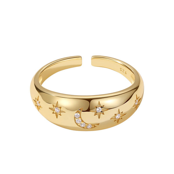 TYJ0317 925 Sterling Silver Crescent Moon Star Pave CZ Dome Ring
