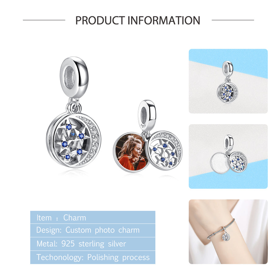 XPPY1079 925 Sterling Silver Moon & Star Custom Photo Charms