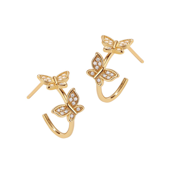 YHE0449 925 Sterling Silver Vintage Double Butterfly Open Half Hoop Earrings