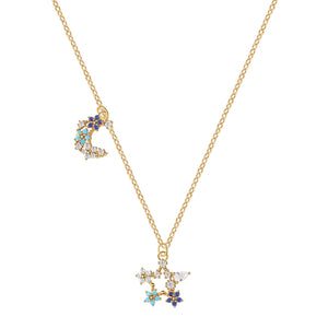 YHN071 925 Sterling Silver Colorful Stone Star Moon Crescent Pendnat Necklace