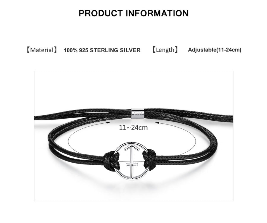 YS1310 925 Sterling Silver Sagittarius Adjustable Rope Bracelet