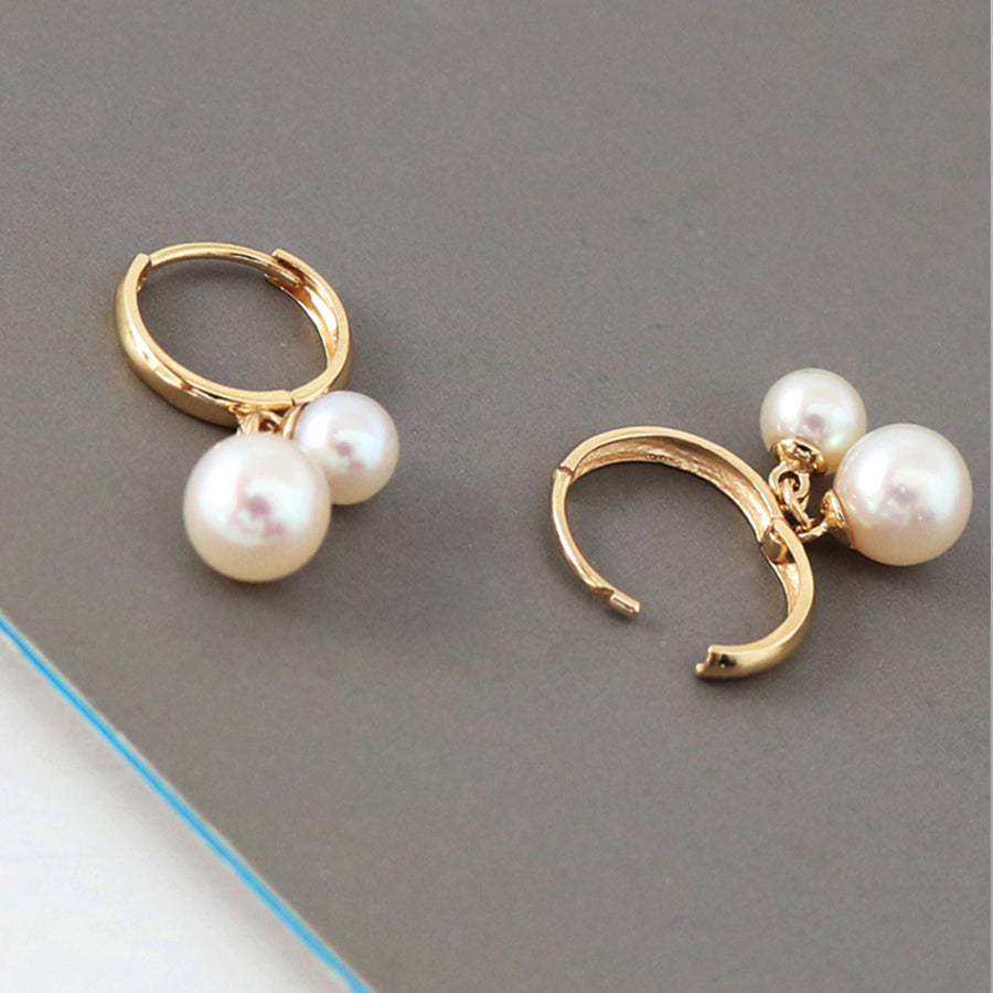 PE0063 925 Sterling Silver Double Pearls Dangle Hoop Earrings