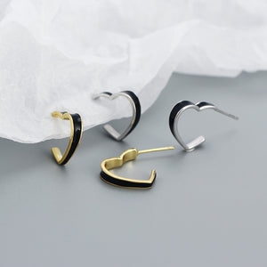 YHE0518 925 Sterling Silver Vintage Black Enamel Heart Hoop Earrings
