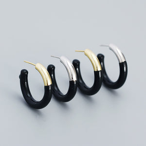 YHE0517 925 Sterling Silver Vintage Black Enamel Open Half Hoop Earrings