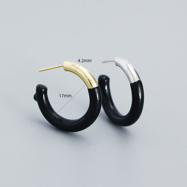 YHE0517 925 Sterling Silver Vintage Black Enamel Open Half Hoop Earrings