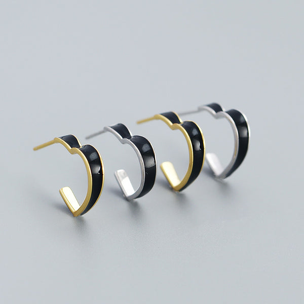 YHE0518 925 Sterling Silver Vintage Black Enamel Heart Hoop Earrings