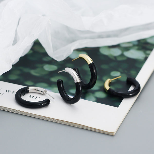 YHE0517 925 Sterling Silver Vintage Black Enamel Open Half Hoop Earrings