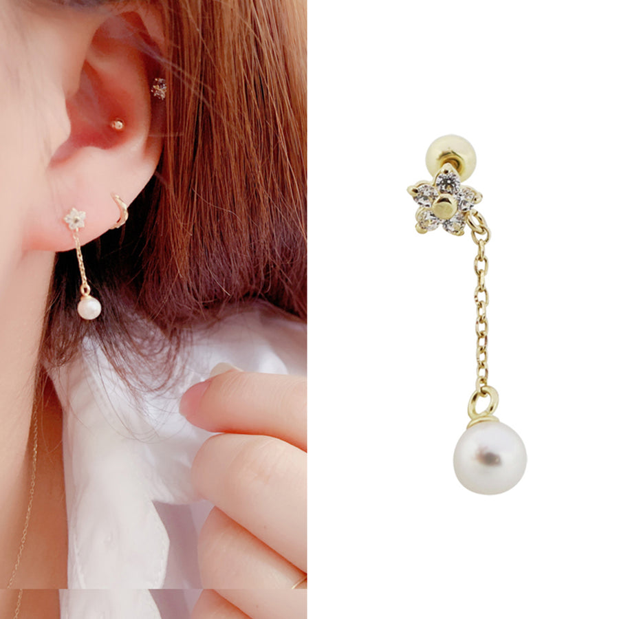 PE0055 925 Sterling Silver CZ Flower Freshwater Pearl Chain Srtud Earrings