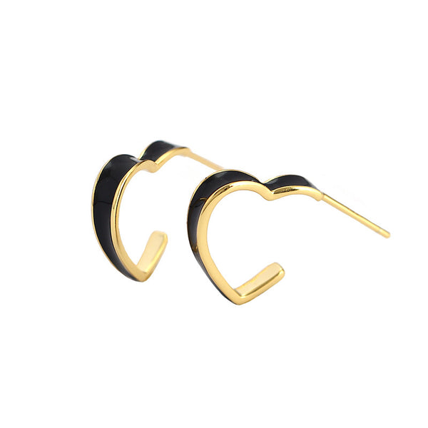 YHE0518 925 Sterling Silver Vintage Black Enamel Heart Hoop Earrings