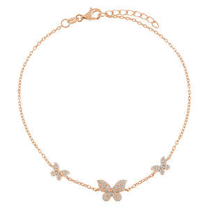 FA0010 925 Sterling Silver Pave Triple Butterfly Anklet