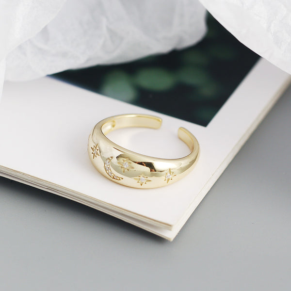 TYJ0317 925 Sterling Silver Crescent Moon Star Pave CZ Dome Ring