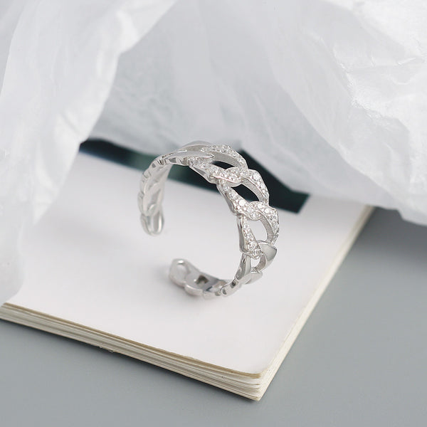 TYJ0321 925 Sterling Silver Pave CZ Link Chain Adjustable Ring