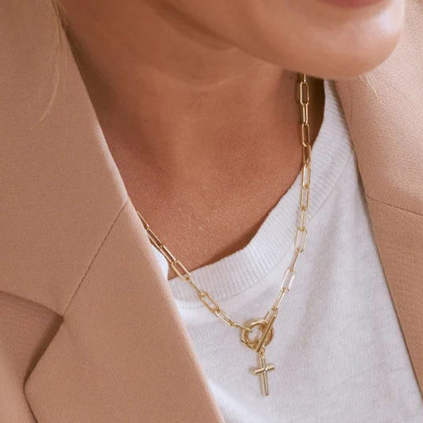 FX0908 925 Sterling Silver Cross Pendant Toggle Paperclip Necklace For Women