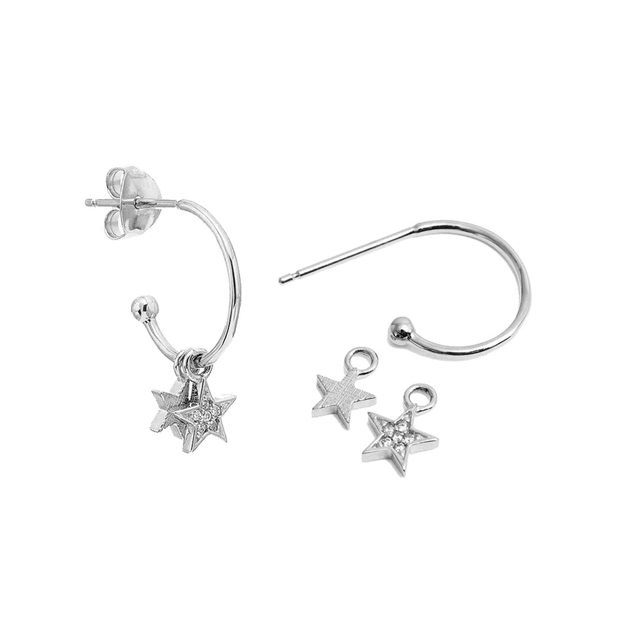 FE1988 925 Sterling Silver CZ Double Pendant Stars Drop Hoop Earrings