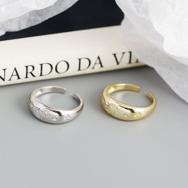 TYJ0317 925 Sterling Silver Crescent Moon Star Pave CZ Dome Ring