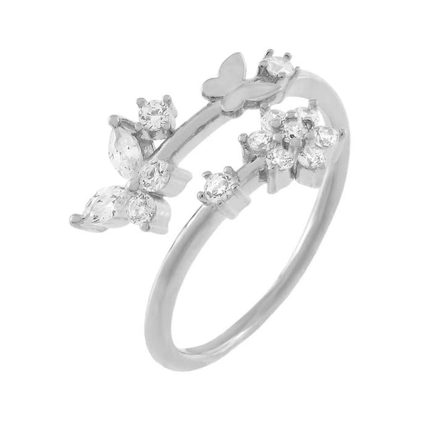 FJ0473 925 Sterling Silver CZ Butterfly x Flower Wrap Ring