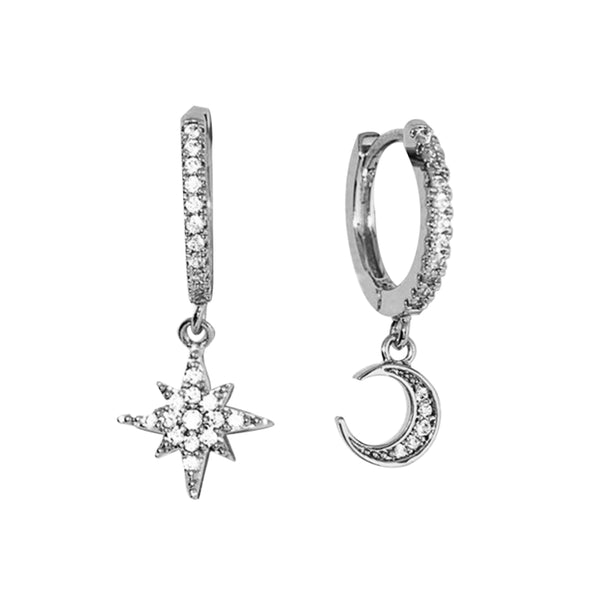 FE0886 925 Sterling Silver Crescent Moon Star Hoop Earrings