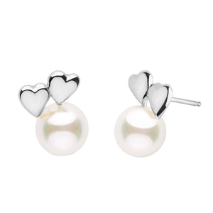 FE1476 925 Sterling Silver Double Heart Pearl Stud Earring