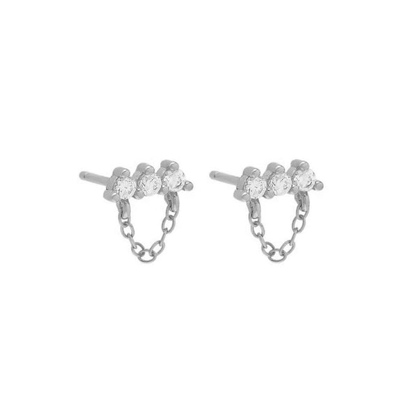 FE1932 925 Sterling Silver Horizontal  CZ Chain Mini Stud Earring