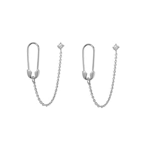 FE1637 925 Sterling Silver CZ Pin Chain Hoop Earring