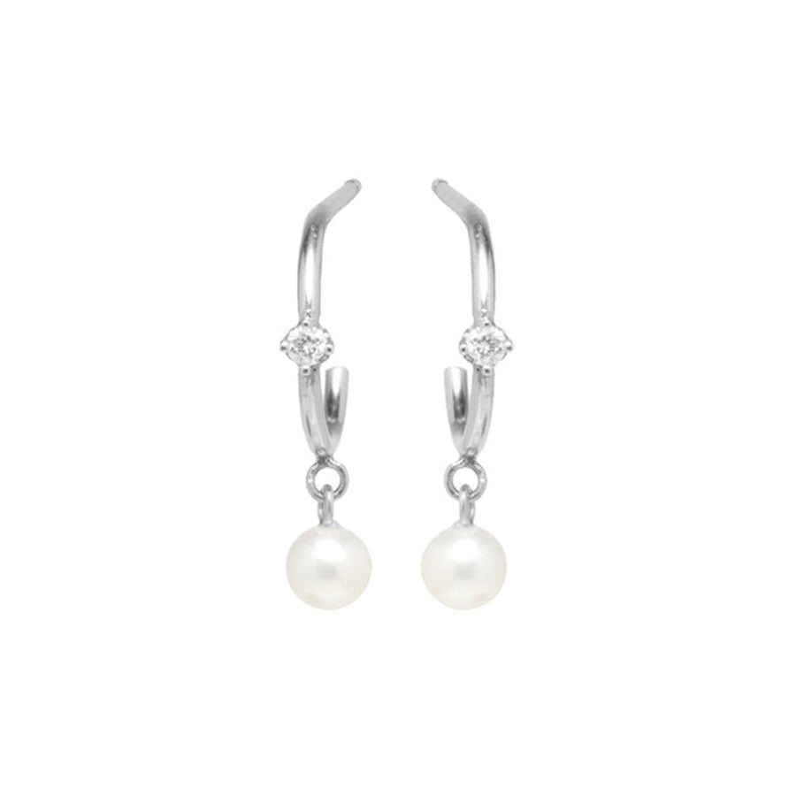PE0020 925 Sterling Silver Dainty Pearl & Cubic Zirconia Drop Hoop Earring