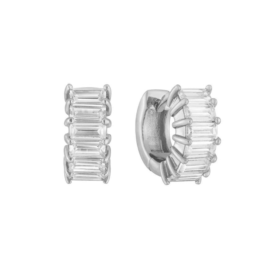 FE1914 925 Sterling Silver Baguette Cubic Zirconia Huggie Hoop Earrings