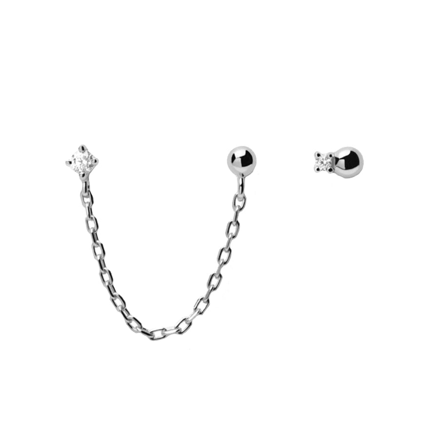 FE1403 925 Sterling Silver Ball & Zircon Chain Stud Earrings