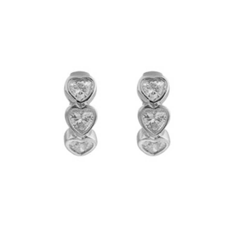 FE2019 925 Sterling Silver Triple Heart Cubic Zirconia Huggie Hoop Earrings