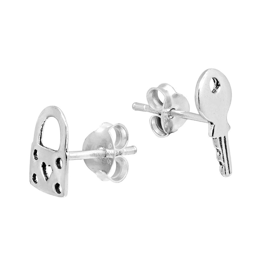 FE0831 925 Sterling Silver Lock $ Key Stud Earrings