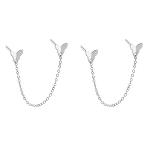 FE0955 925 Sterling Silver Double Butterfly Chain Stud Earrings