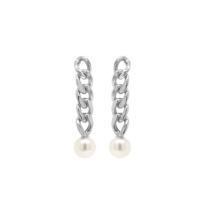 PE0022 925 Sterling Silver Cuban Chain Pearl Stud Earrings