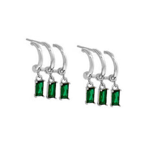 FE2004 925 Sterling Silver Triple Rows Green Baguette Cubic Zirconia Dangle Hoop Earrings
