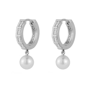 FE1233 925 Sterling Silver Pearl Dangle Zircon Hoop Earrings